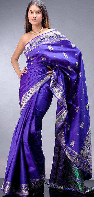 Hand-Woven Royal-Blue Baluchari Sari