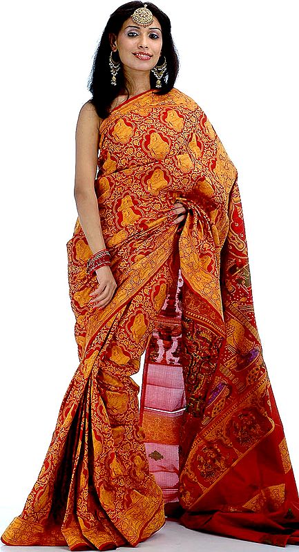 Handwoven Rust Radha Krishna Sari from Banaras