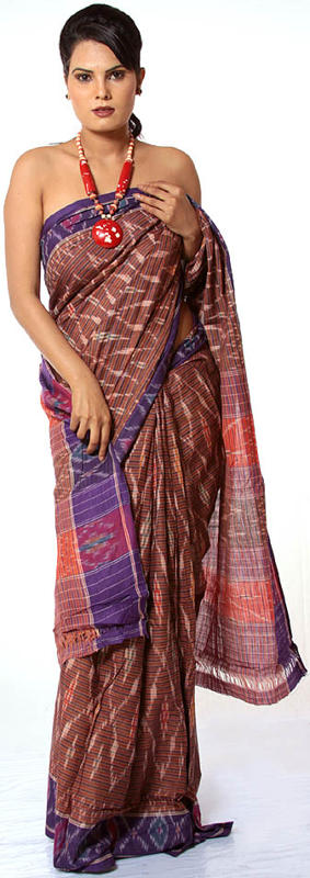 Hand-Woven Sari with Multi-Color Ikat Weave
