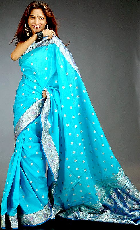 Handwoven Sky-Blue Valkalam Sari with Floral Brocade