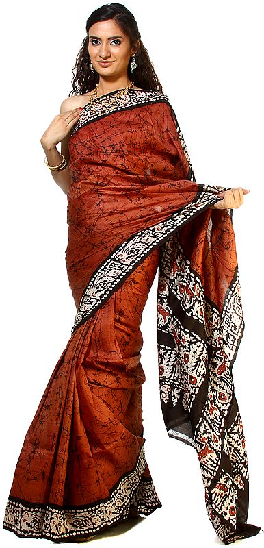 Hazel-Brown Batik Dyed Sari from Kolkatta
