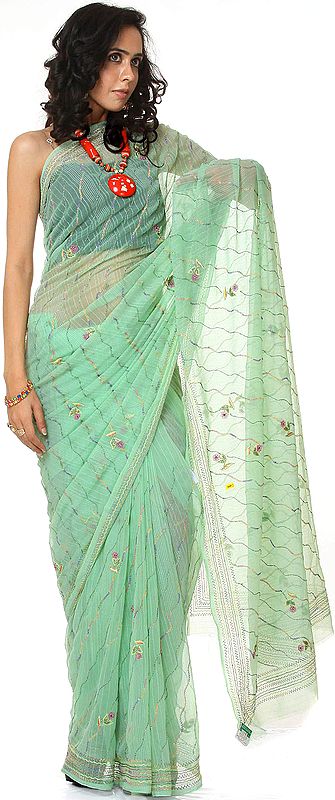 Hemlock-Green Hand-Embroidered Sari from Lucknow with Beadwork