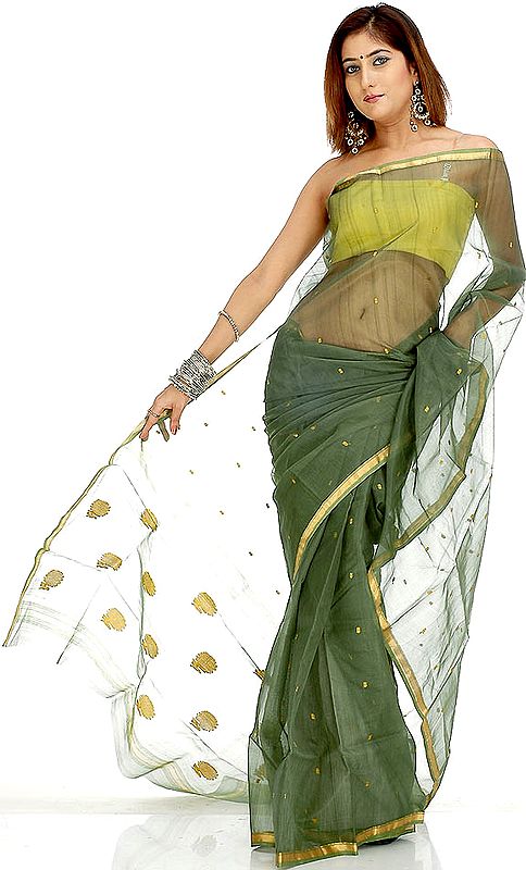 Henna Green Chanderi Sari with All-Over Golden Bootis