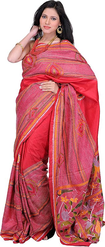 High-Risk Red Kantha Sari from Bengal with Hand-Embroidered Birds