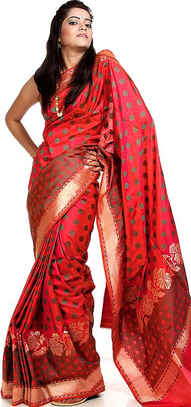 Holly-Berry Pink Jamdani Sari from Banaras with Polka-Dots Woven All-Over