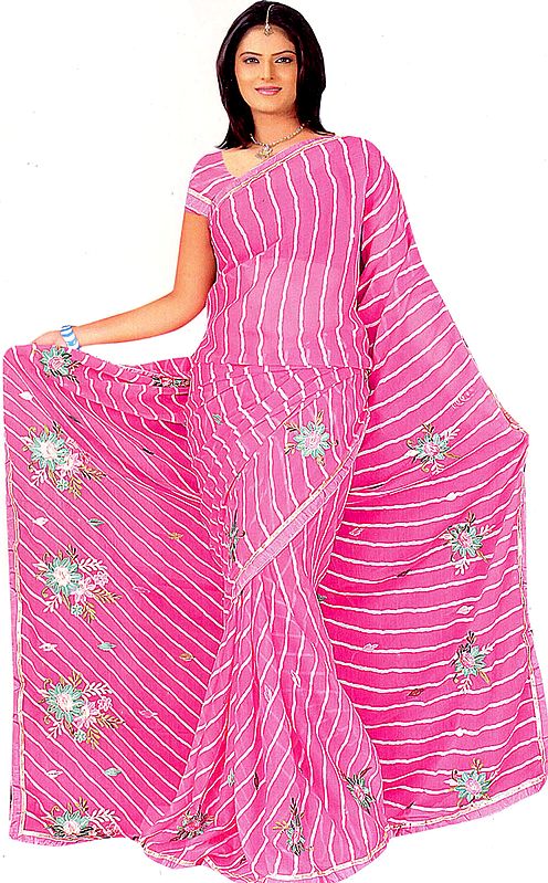 Honeysuckle-Pink Leheria Printed Sari with Crewel-Embroidered Flowers