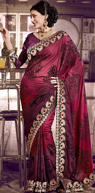 Honeysuckle-Pink Shaded Sari with Paisley Patch Border and Floral Print