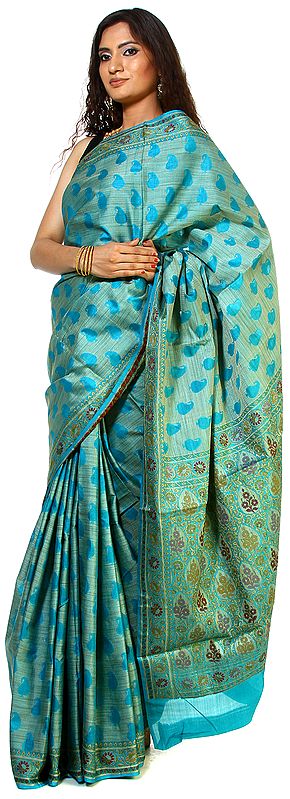 Horizon-Blue Banarasi Sari with All-Over Woven Paisleys and Floral Border