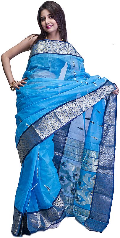 Horizon-Blue Dhakai Sari from Kolkata with Golden Thread Weave on Border and Anchal