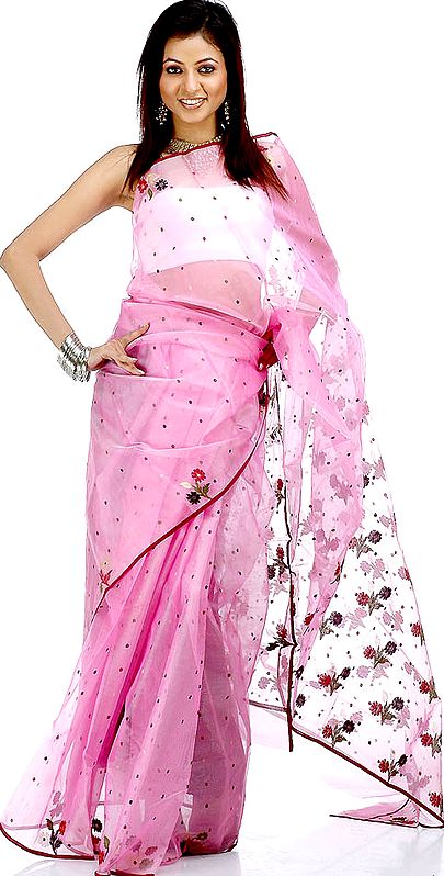 Hot Pink Floral Chanderi Sari with All-Over Bootis