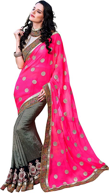 Hot-Pink and Gray Wedding Sari with Embroidered Bootis and Patch Border