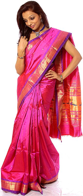 Hot-Pink Paithani Sari with Woven Peacocks on Anchal in Zari Thread