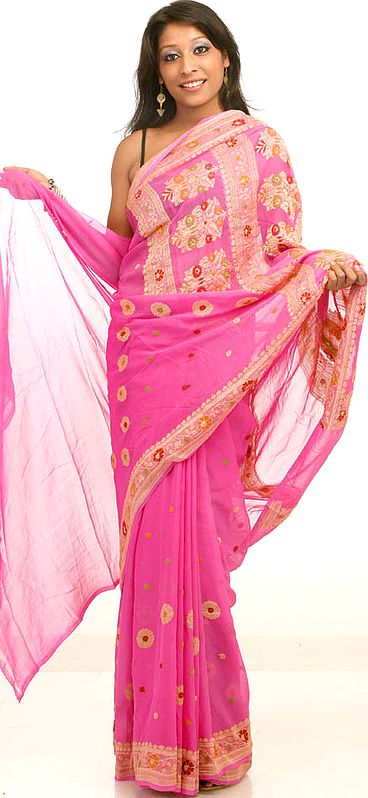 Hot-Pink Sari from Banaras with Bootis Woven All-Over and Brocaded Pallu