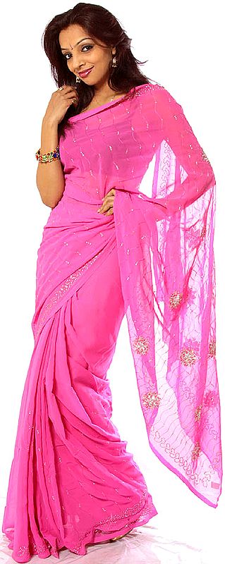 Hot-Pink Sari with All-Over Embroidery and Beadwork