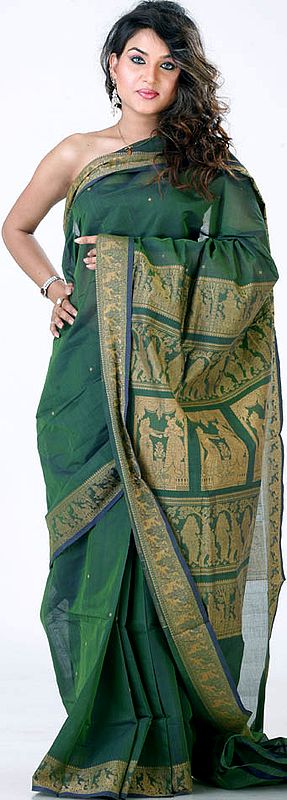 Hunter-Green Handwoven Krishna Baluchari Sari from Bengal