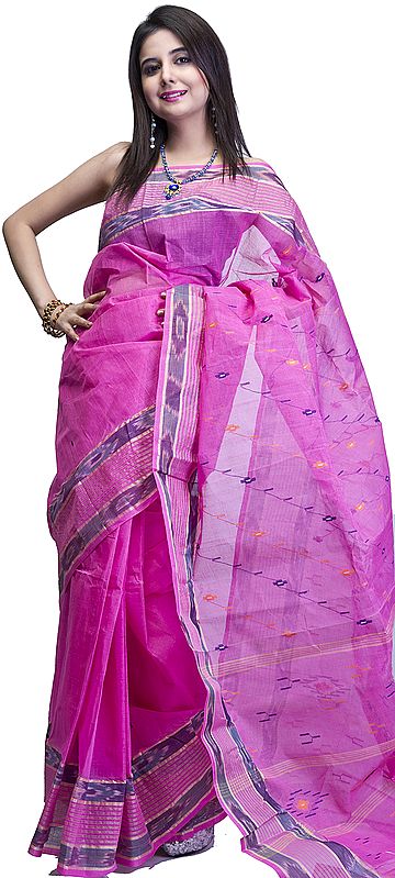 Ibis Rose-Pink Dhakai Sari from Kolkata with Ikat Weave on Border