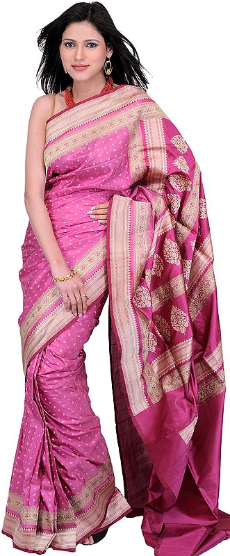 Ibis-Rose Banarasi Sari with Bootis Woven All-Over in Golden Thread