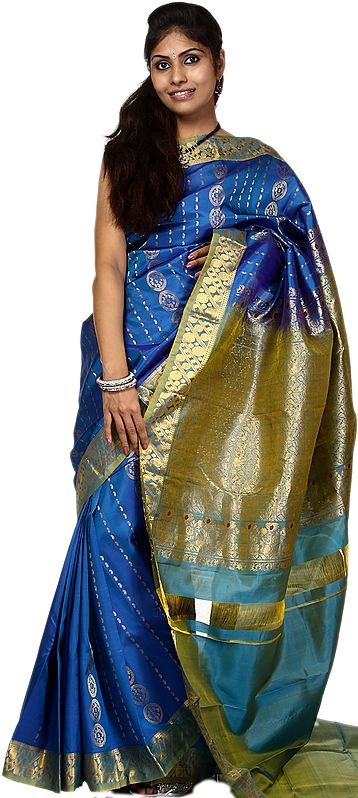 Imperial-Blue Kanjivaram Sari with Golden Thread Weave and Brocaded Aanchal