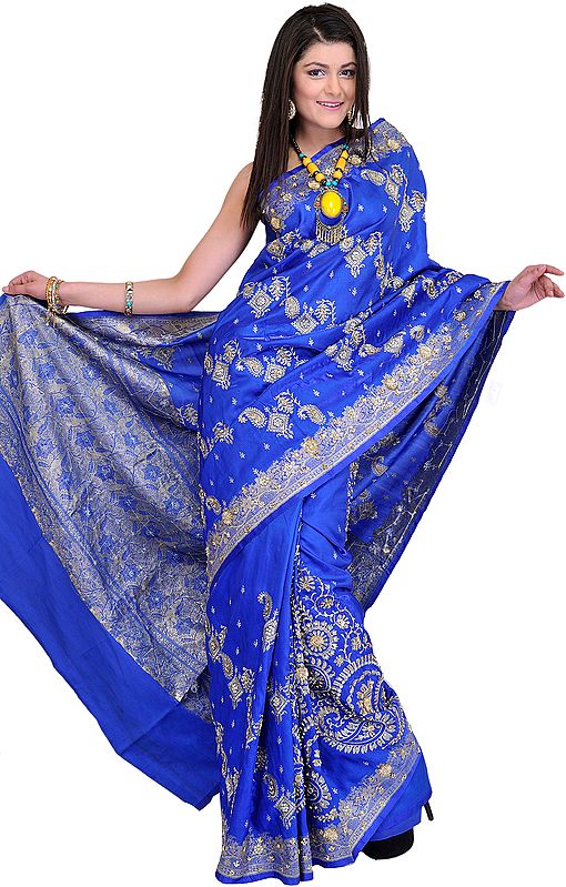 Imperial-Blue Wedding Sari from Banaras with Embroidered Sequins and Beads