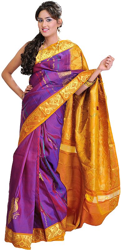 Imperial-Purple Kanjivaram Sari with Woven Peacocks in Golden Thread