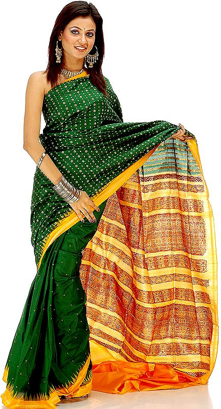 Islamic Green and Golden Bomkai Sari from Orissa with All-Over Bootis