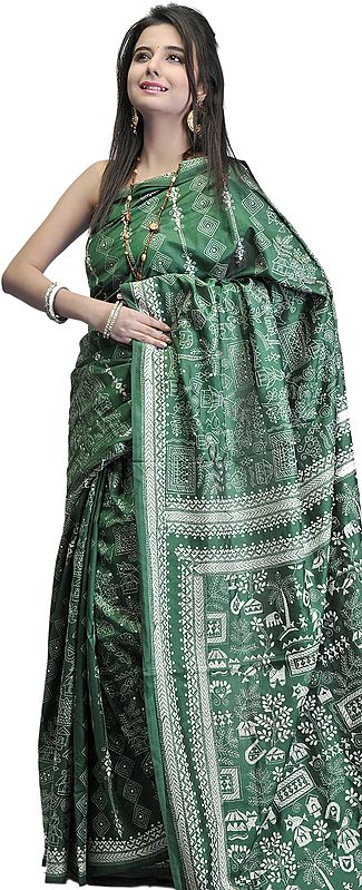 Islamic-Green Hand-Embroidered Kantha Sari from Bengal with Warli Folk Motifs