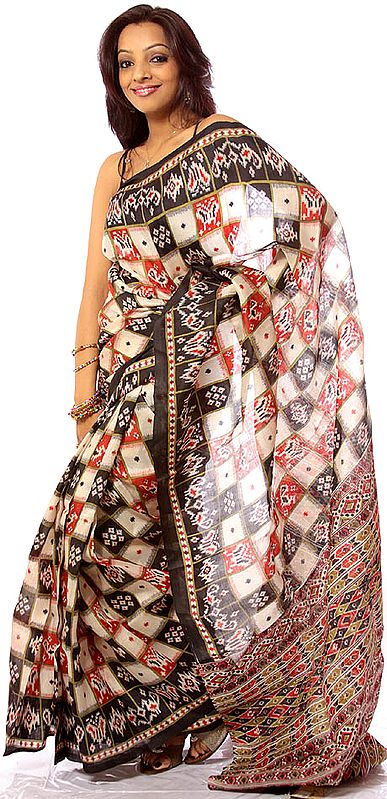 Ivory and Black Sari from Kolkata with Ikat Print