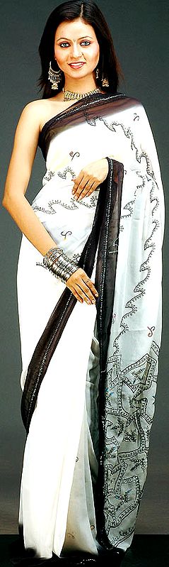 Ivory and Black Sari with Sequins and Threadwork