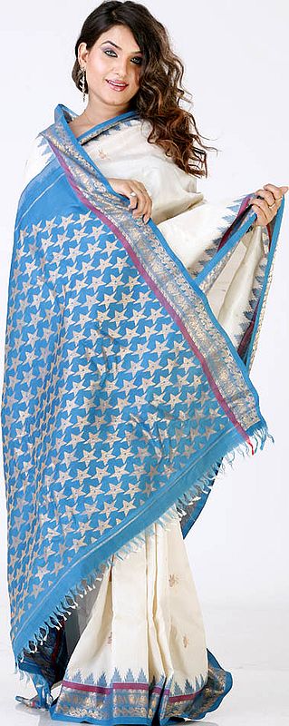 Ivory and Blue Designer Temple Sari with a Starry Border
