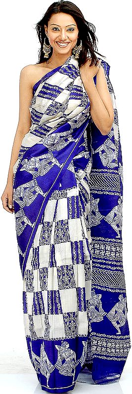 Ivory and Blue Printed Silk Sari from Bengal