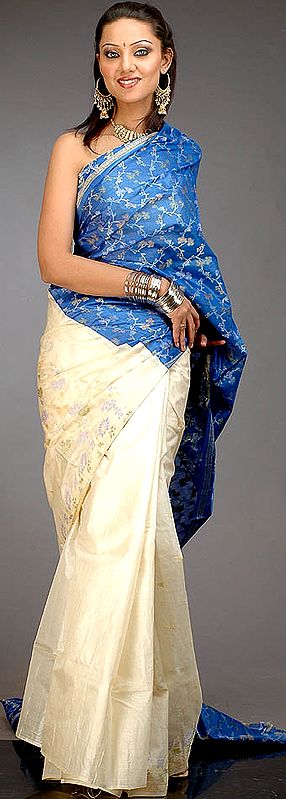 Ivory and Blue Tussar Silk Sari