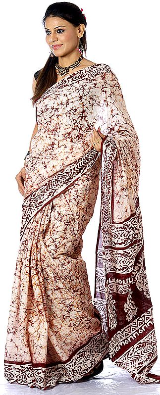 Ivory and Brown Batik Muslin Sari