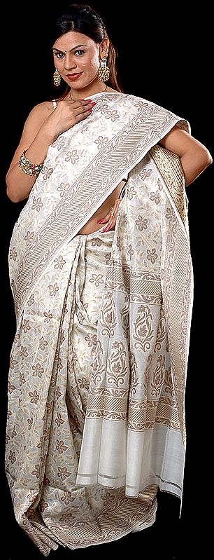 Ivory and Brown Jamdani Sari from Banaras with Flowers Woven by Hand