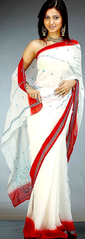 Ivory and Carmine Sari with Sequins and Threadwork