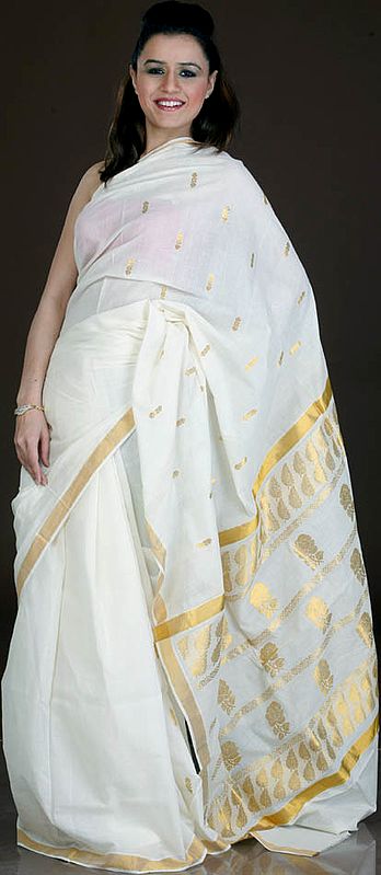 Ivory and Golden Kasavu Cotton Sari from Kerala