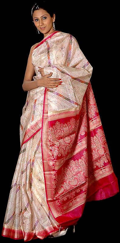 Ivory and Magenta Sari with Chunri Print and Woven Anchal