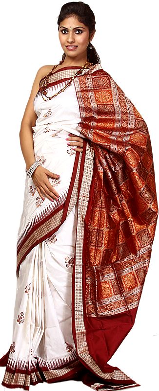 Ivory and Maroon Bomkai Sari from Orissa with Temple Border and Floral Bootis