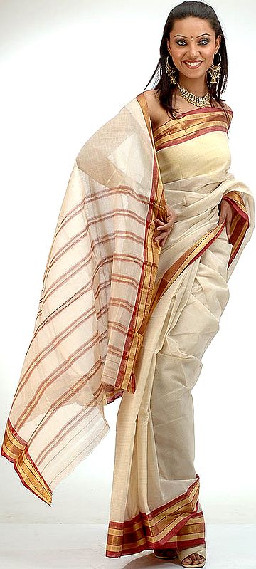 Ivory and Maroon Narayanpet Sari with Golden Thread Weave
