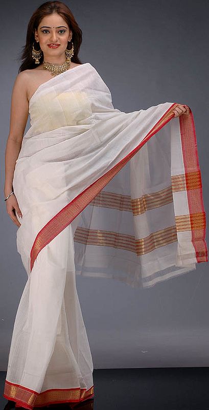 Ivory and Maroon South Cotton Sari with Golden Border
