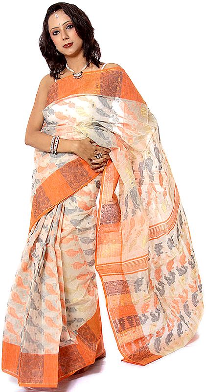 Ivory and Orange Hand-woven Tengail Sari from Kolkata