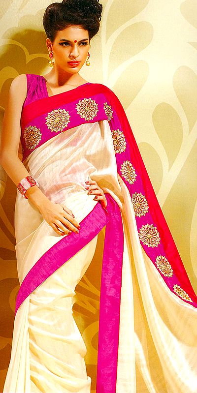 Ivory and Pink Designer Sari with Embroidered Charkas on a Patch Border
