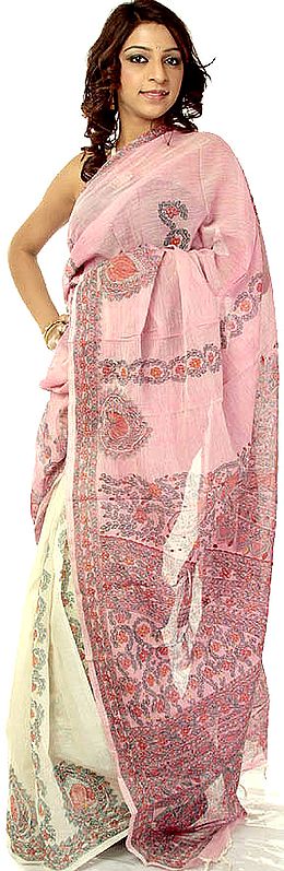Ivory and Pink Hand-Painted Folk Madhubani Sari from Bihar
