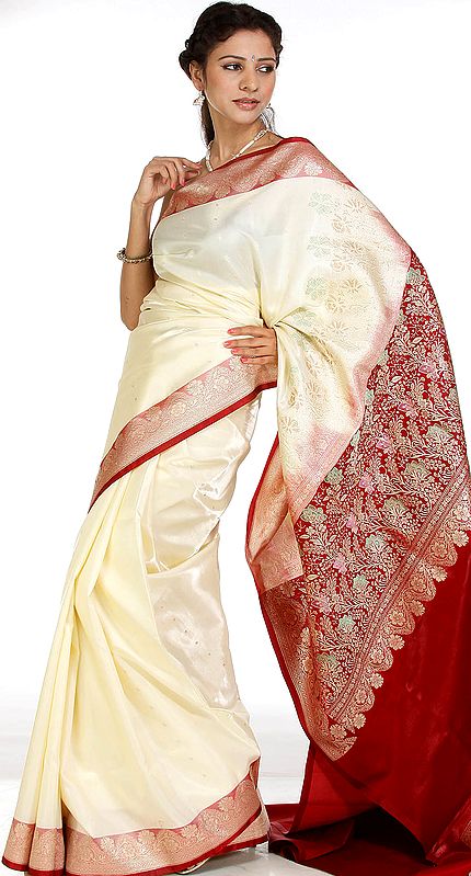 Ivory and Red Banarasi Sari with Golden Bootis and Brocaded Anchal