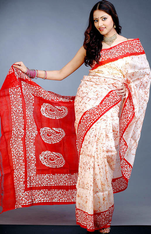 Ivory and Red Batik Sari