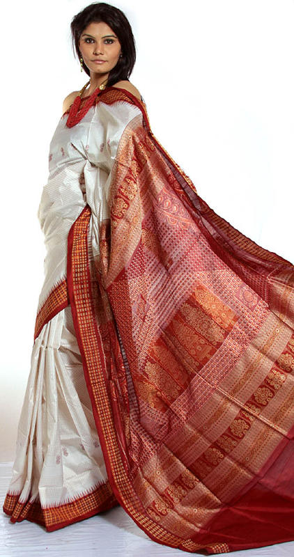 Ivory and Red Bomkai Sari with Pin Stripes Hand-Woven in Orissa