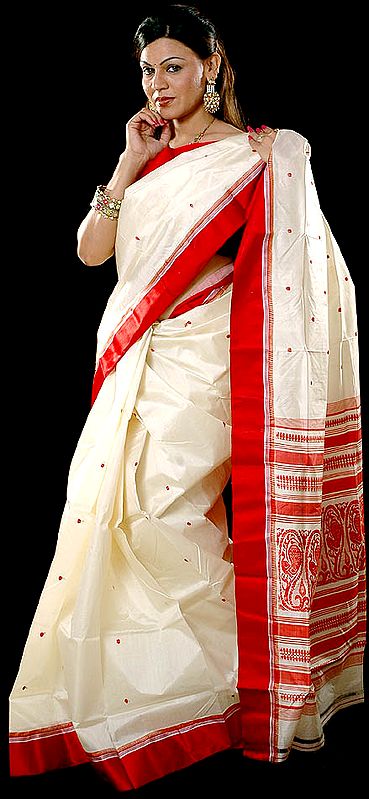 Ivory and Red Hand-woven Garad Sari from Bengal