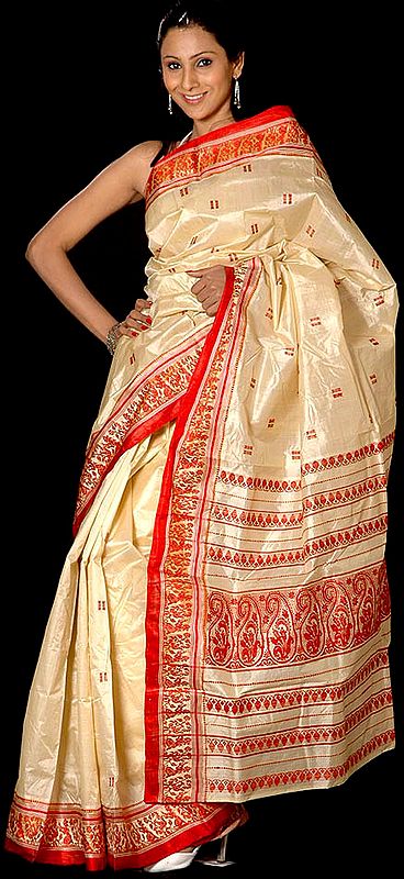 Ivory and Red Hand-woven Garad Sari from Bengal