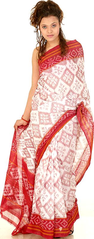 Ivory and Red Ikat Sari from Pochampally