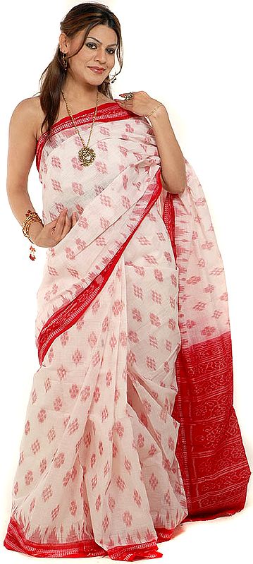Ivory and Red Ikat Sari from Pochampally