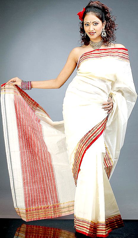 Ivory and Red Puja Sari from Bengal